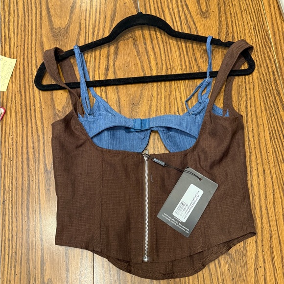 NWT BROWN LINEN COLOR BLOCK CUP DETAIL BONED CORSET TOP- sold out style - Picture 6 of 8